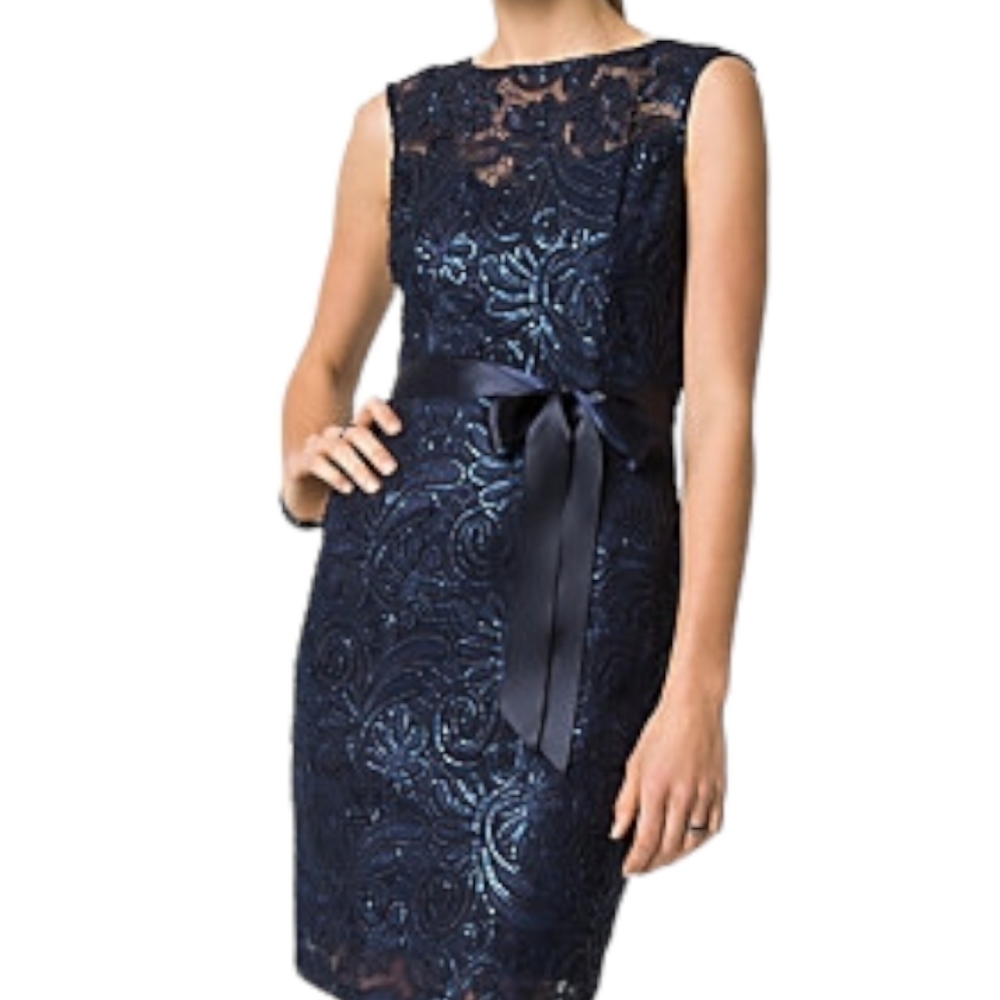 Le Chateau Blue Sequin Soutache & Lace Dress Sz L